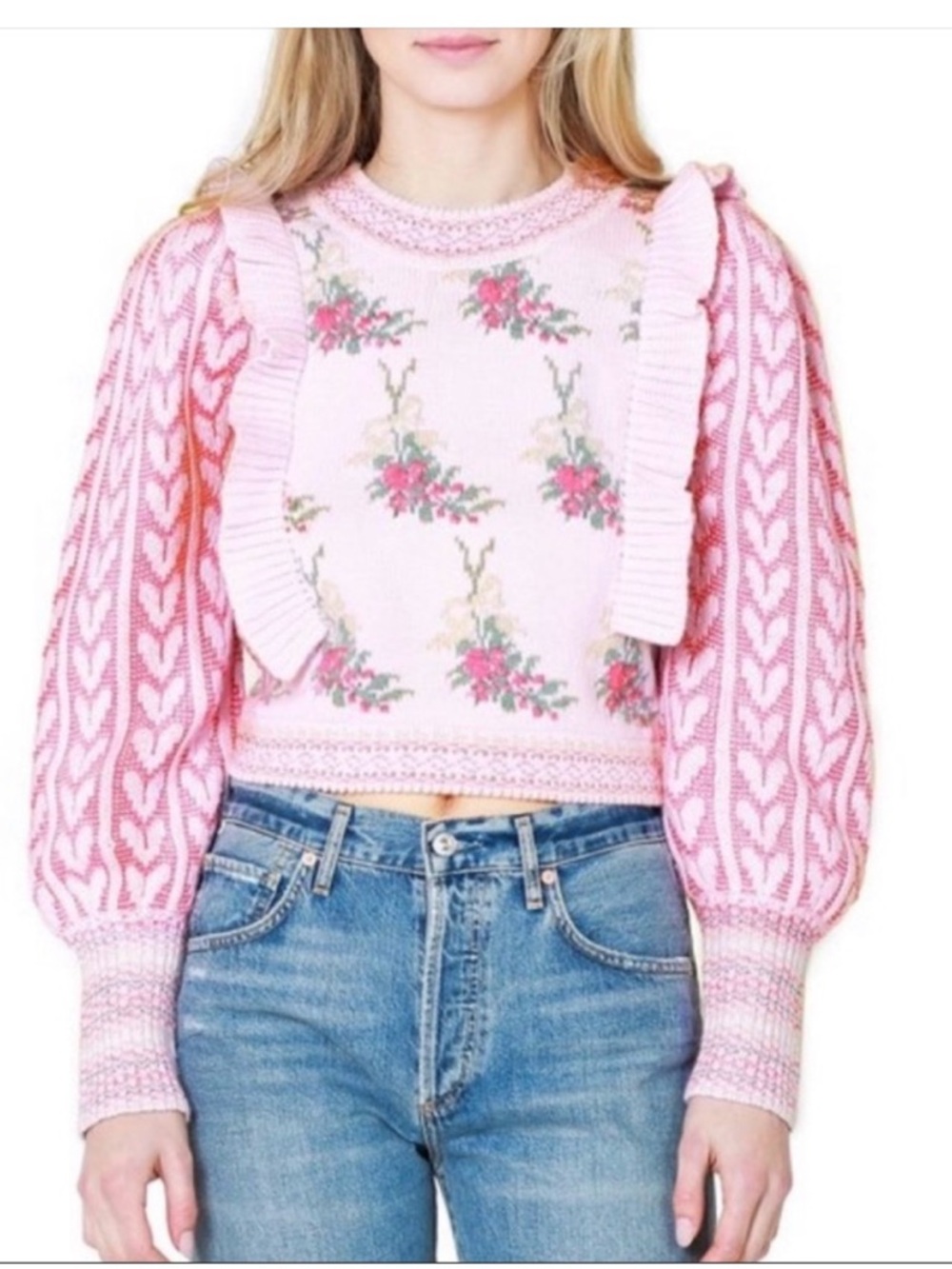 Pink Floral Ruffle-Trim Cropped Sweater - LoveShackFancy